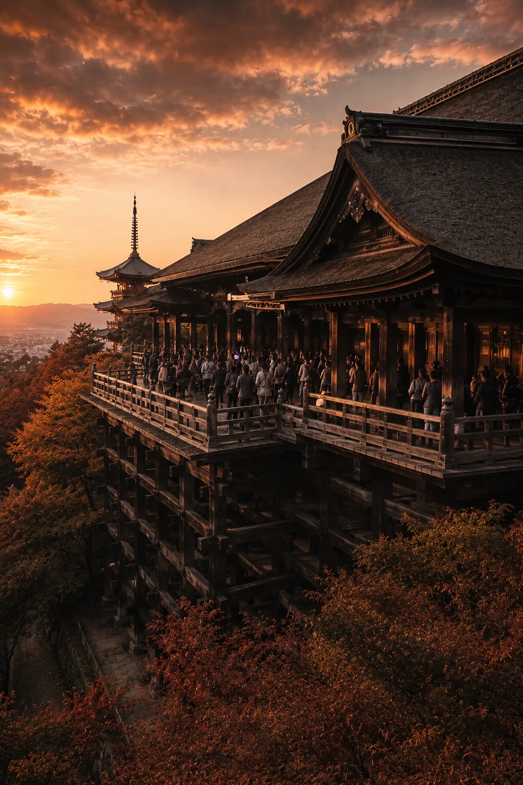 夕景の清水寺・本堂の舞台に集まる参拝者