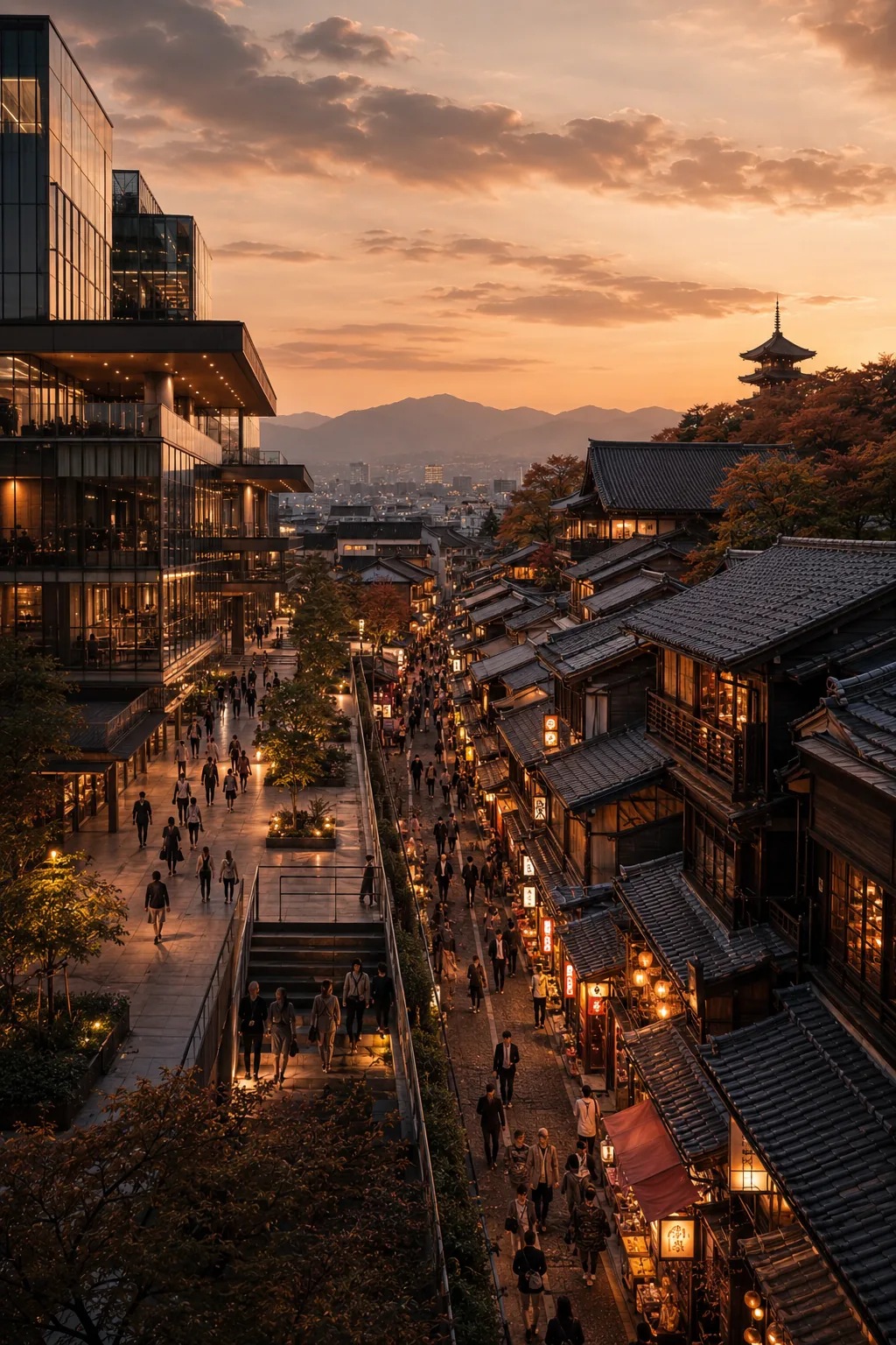 夕暮れ、清水寺の門前に広がる東山の町並みと現代建築