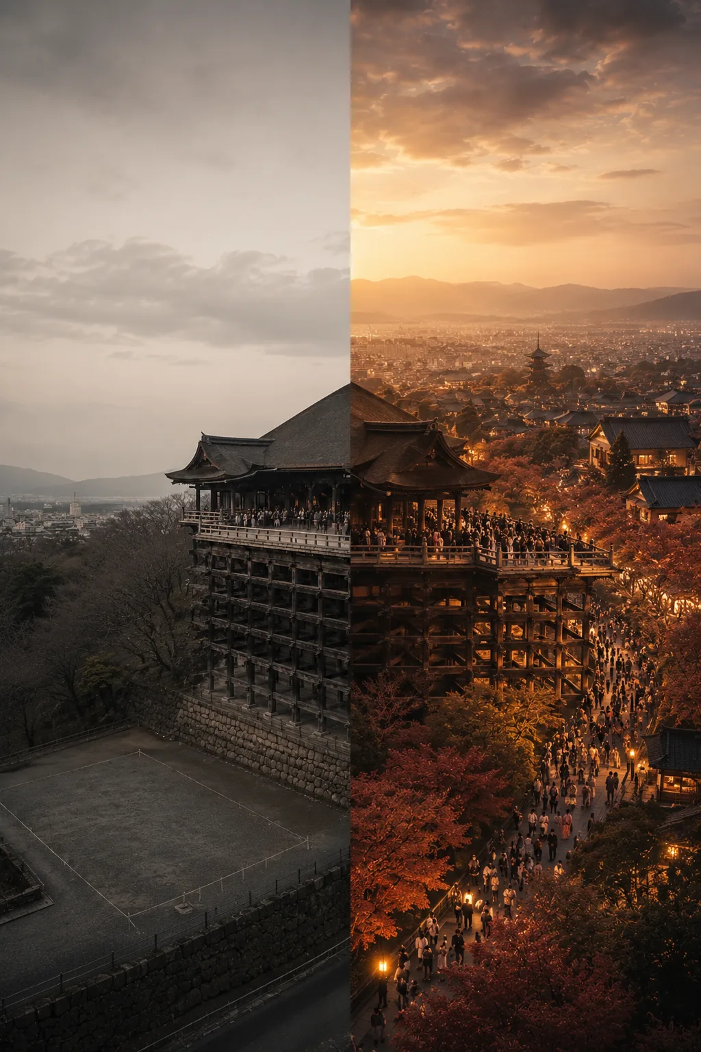 左は無人で色のない清水寺、右は夕景に賑わう清水寺